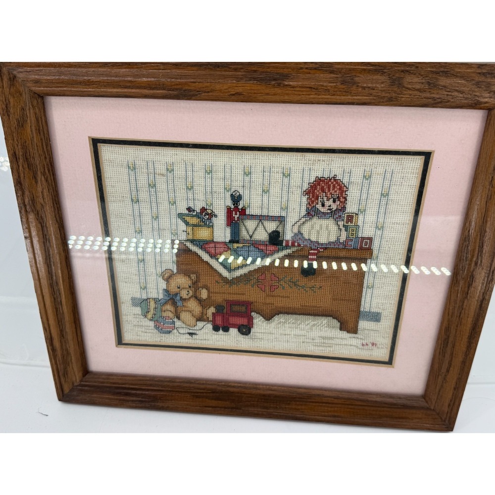 Vintage Raggedy Ann Cross‎ Stitch Framed Nursery Decor Teddy Bear Toy Chest